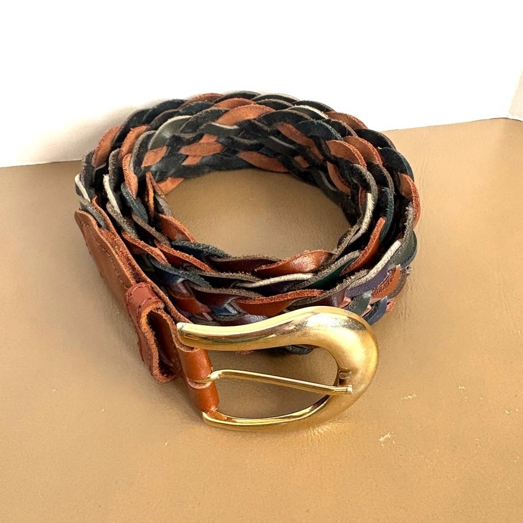 braided leather belt 1&Prime; brown/navy gold tone buckle XL (44&Prime;)