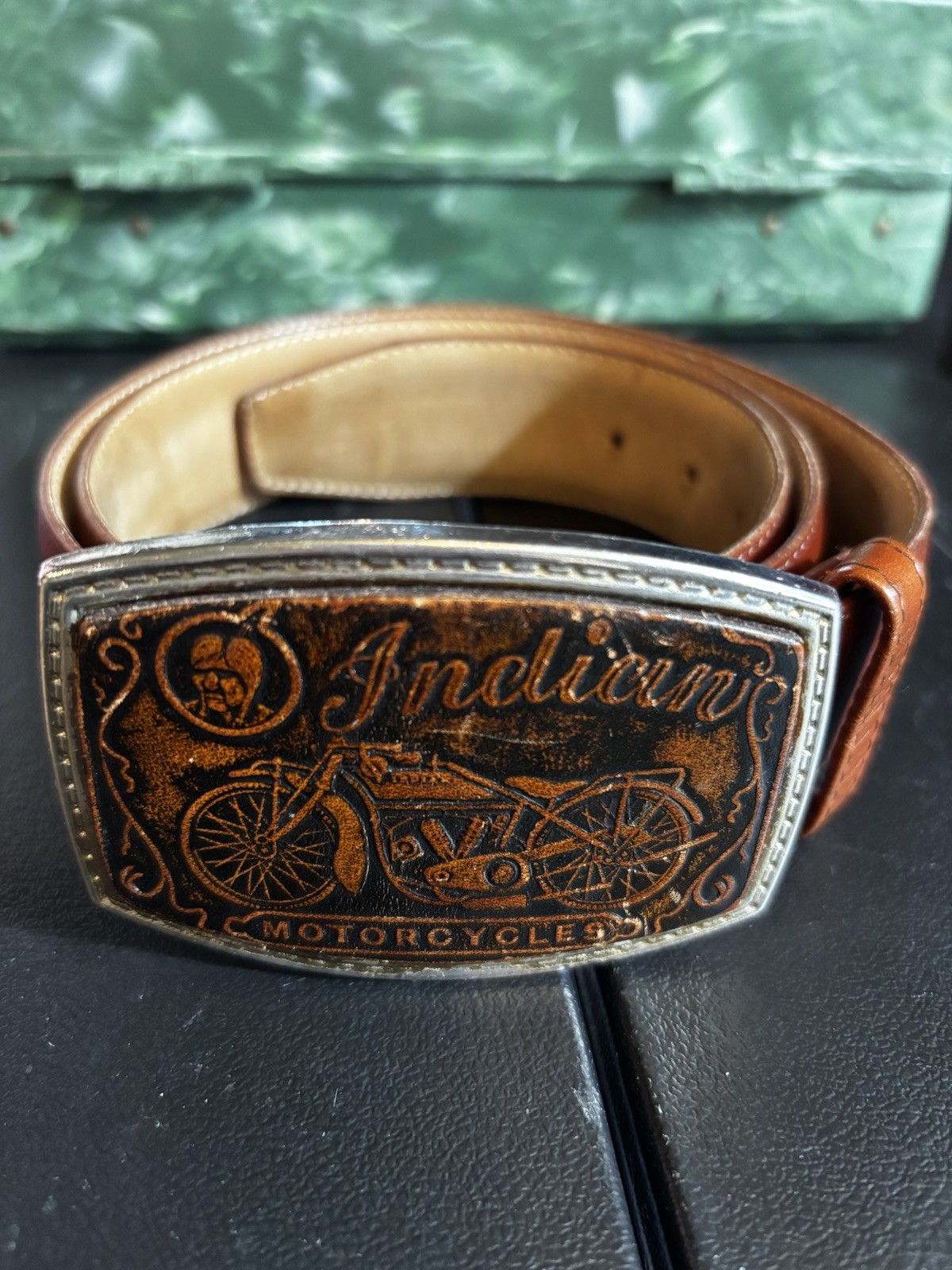 VINTAGE INDIAN MOTORCYCLE BELT AND BUCKLE LEATHER METAL 1974 ORIGINAL