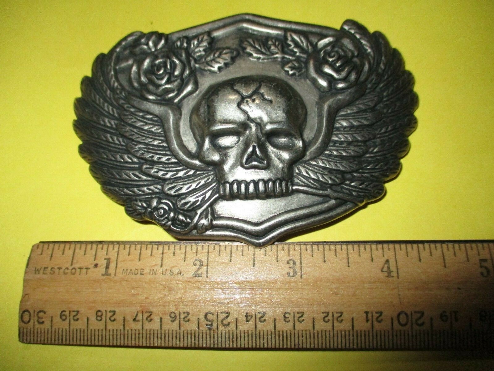 Pewter Belt Buckle – Skull w/ Wings & Roses- Biker Buckle for 1.5&Prime; Belt NEW