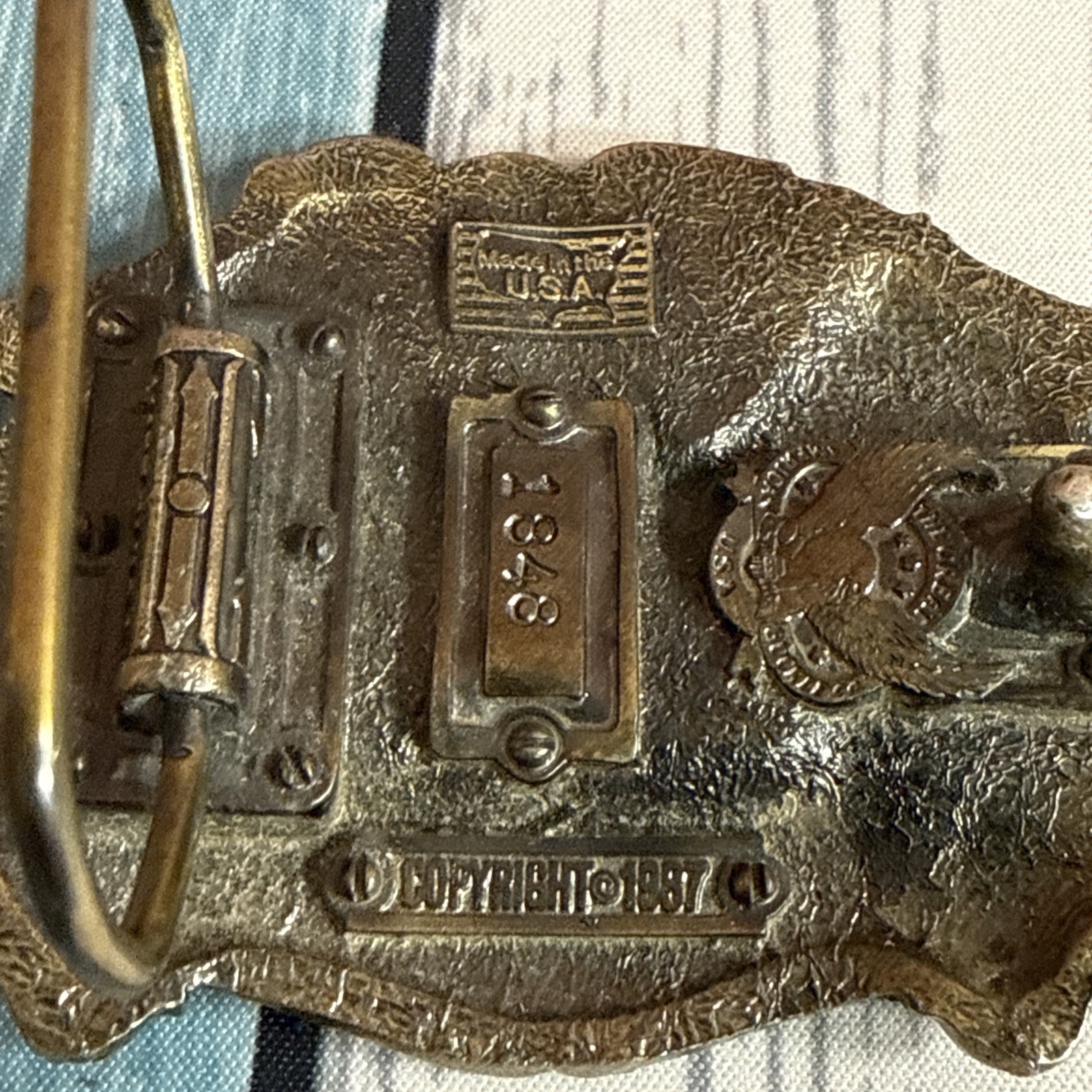 Vintage 1987 Great American Pewter Belt Buckle Eagle & Flag North Carolina – 002