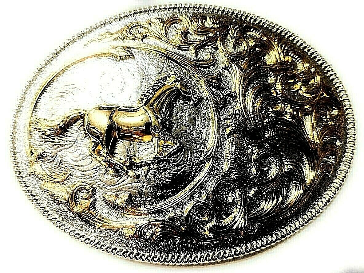 ✖ HQ WESTERN Horse Cowboy Rodeo Style Belt Buckle Heritage Gold silver plated US