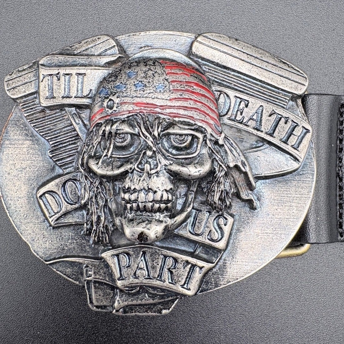 Silver-Tone/Pewter Belt Buckle with Skull wearing Red and Blue Bandana