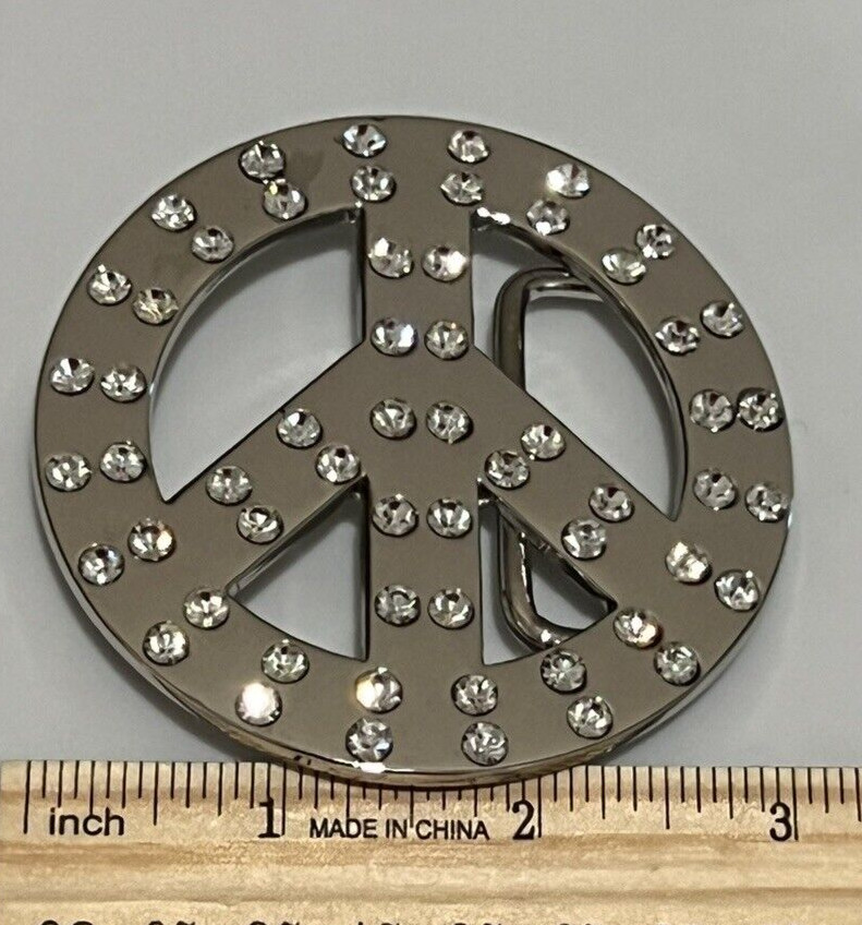 Rhinestone Peace Sign Belt Buckle Silver Tone 3&Prime; Diameter