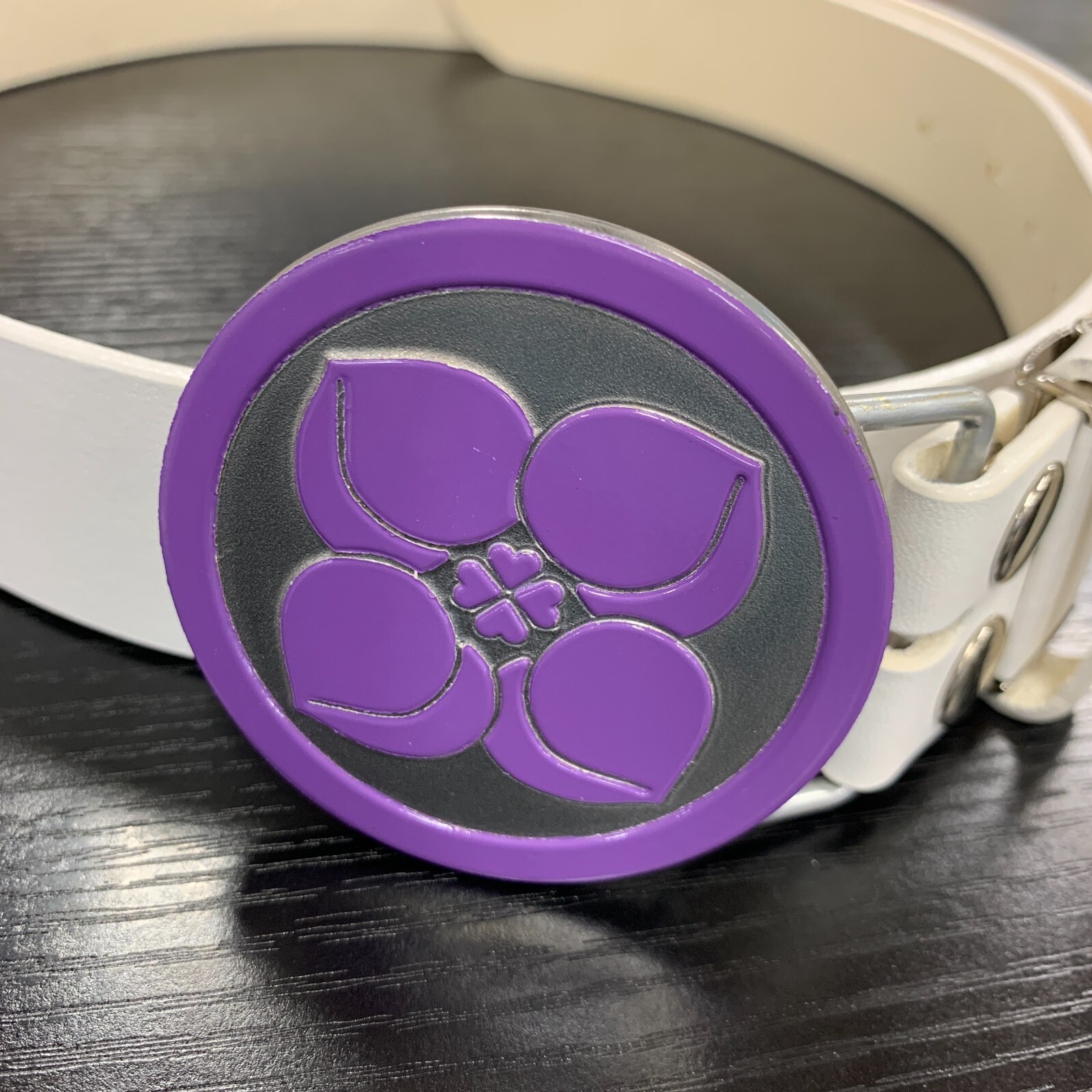 Purple Silver Buckle Peach Four Leaf Clover White Leather Belt Japan Unisex New