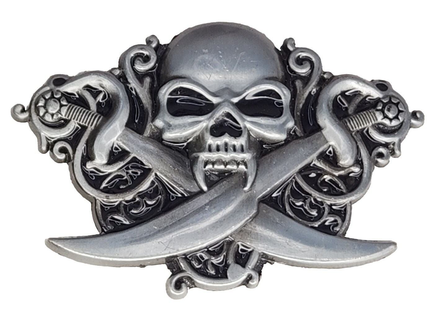 Unbranded Silver And Black Metal Skull w/ Swords Belt Buckle