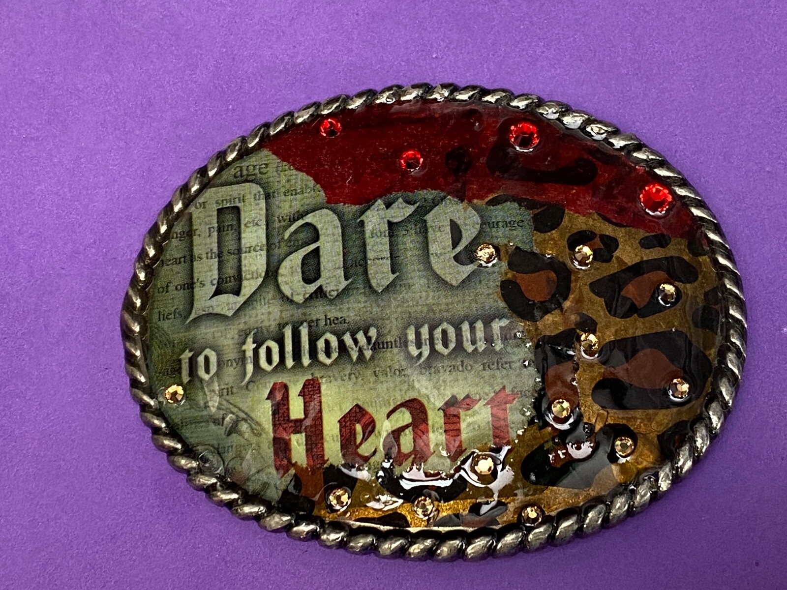 Dare To Follow Your Heart Rhinestone Accented Statement Oval Belt Buckle.