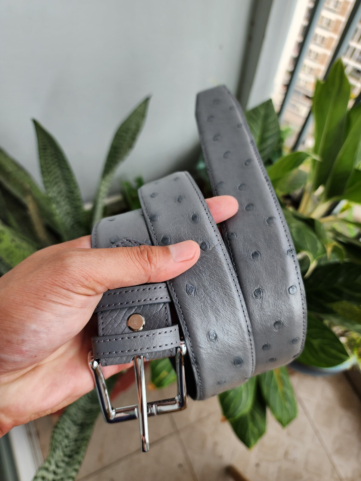 3.8CM Gray 100% Genuine Body Ostrich Leather Skin Men Belt Buckle- Handmade