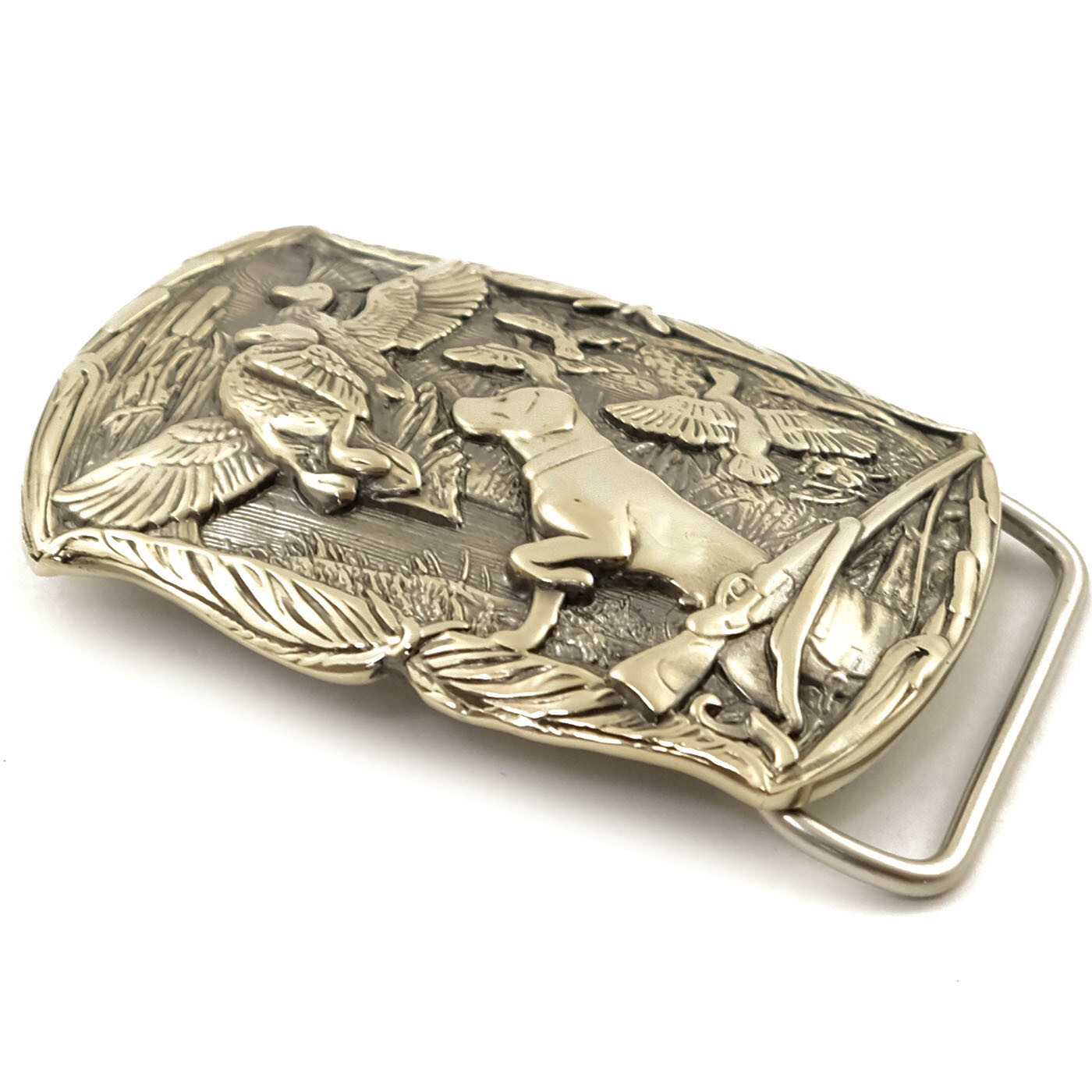German silver belt buckle « Duck hunting », Trophy belt buckle, Hunter belt buckle