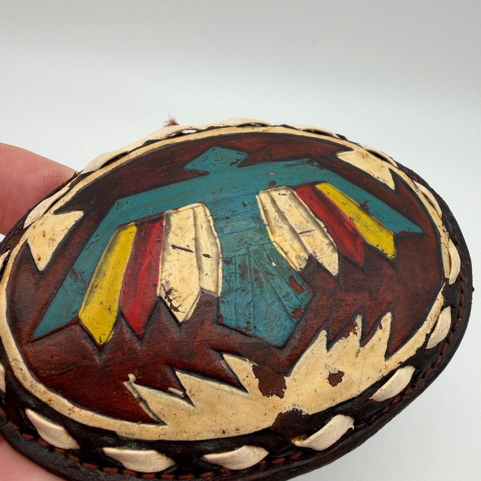 VTG Justin Leather Belt Buckle Hand Tooled Thunderbird Painted Oval 61-P