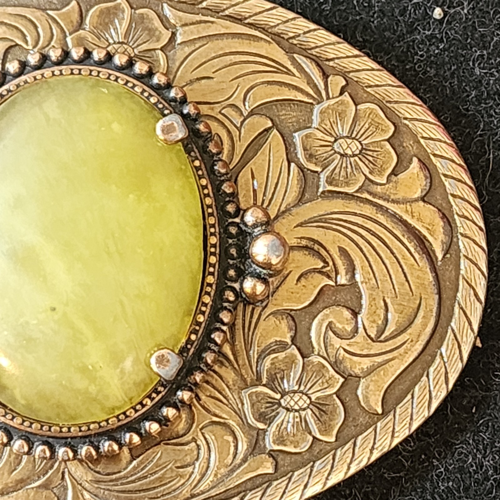 Vintage Western Floral Belt Buckle Yellow-Green Serpentine-Style Stone