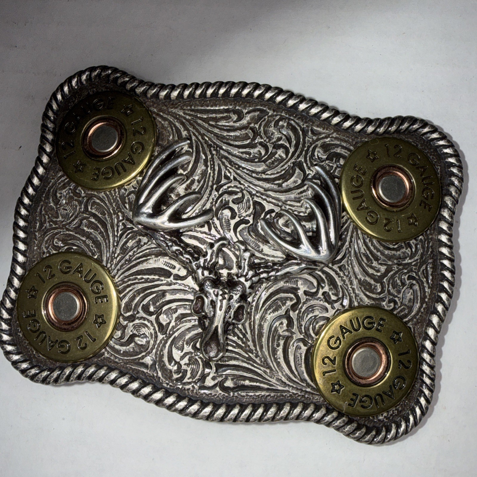 Nocona Belt Buckle 12 Gauge Shotgun Shells Whitetail Deer Skull Filigree NEW