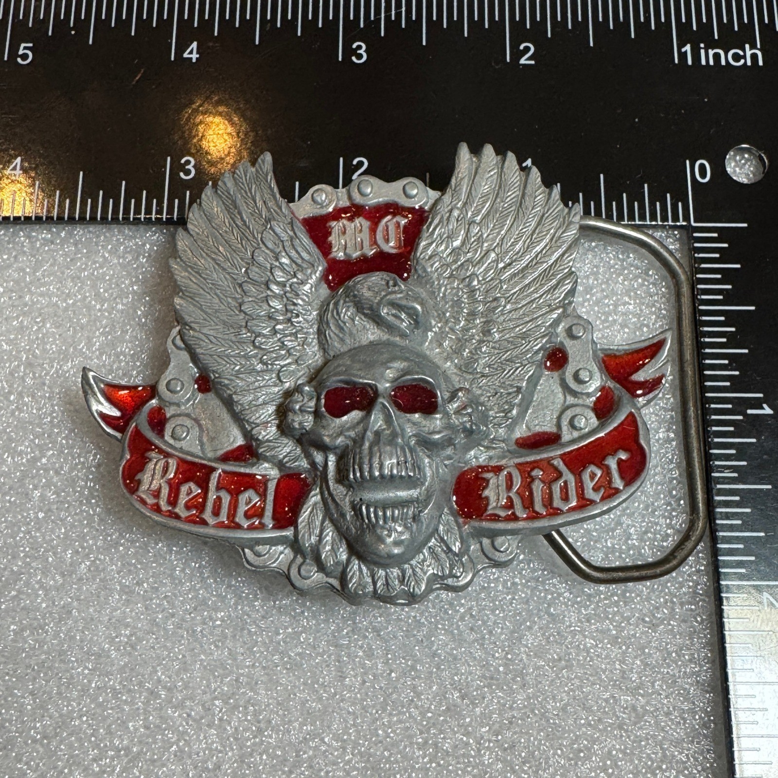 Winged Skull Eagle MC Rebel Rider Belt Buckle Silver Tone Red Enamel Reissue