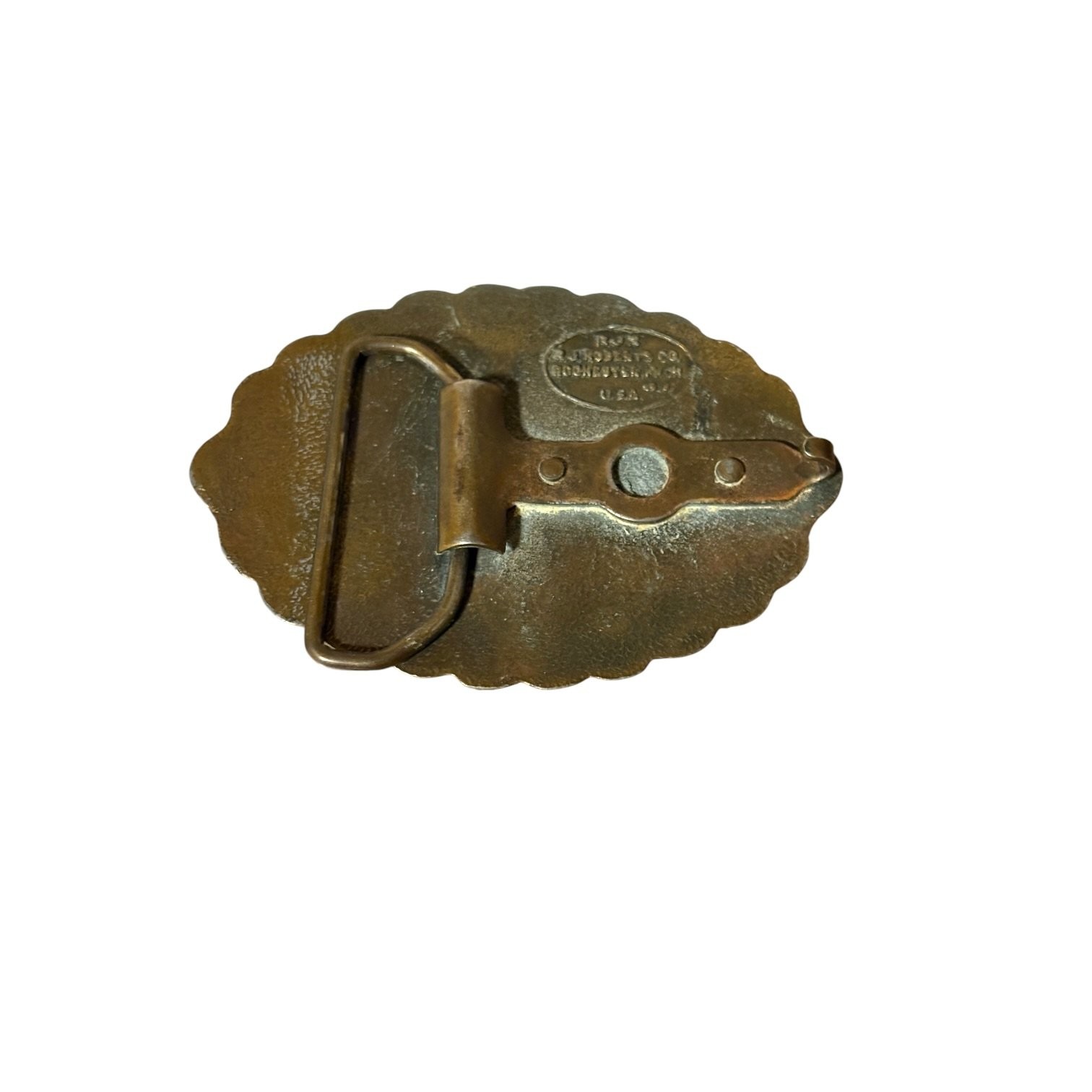 R.J. Roberts Chevrolet Co. Belt Buckle Eagle Olympic Rings Brass Red Enamel
