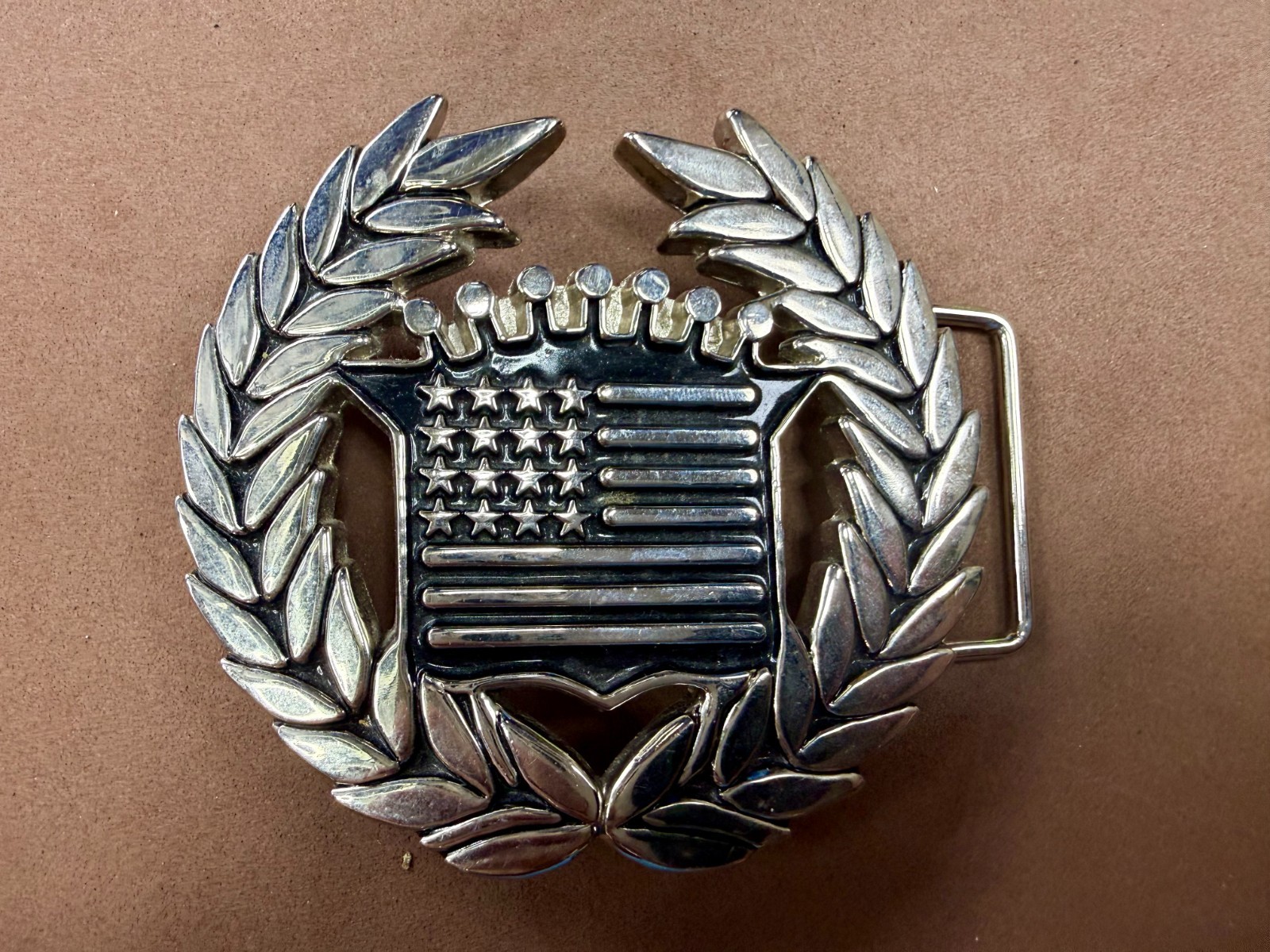 Famous Stars & Stripes Cadillac Crown Logo Olive Branch Silver Color Belt Buckle