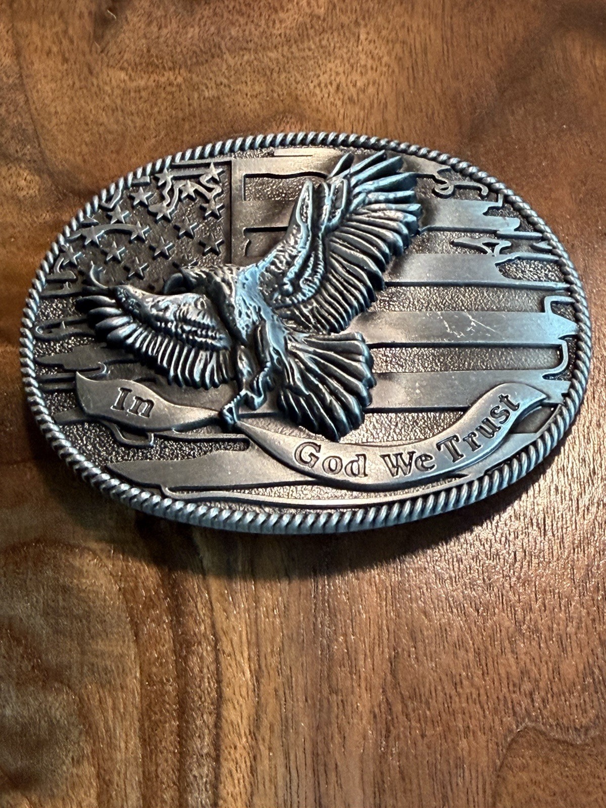 Silver American Eagle In God We Trust Belt Buckle Proud & Great Eagle Flag