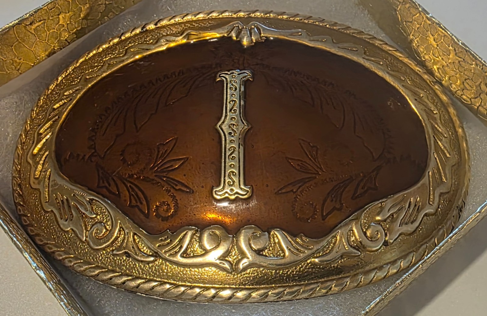 Vintage Metal Belt Buckle, Brass and Enamel, Letter I, Initial I, Nice German