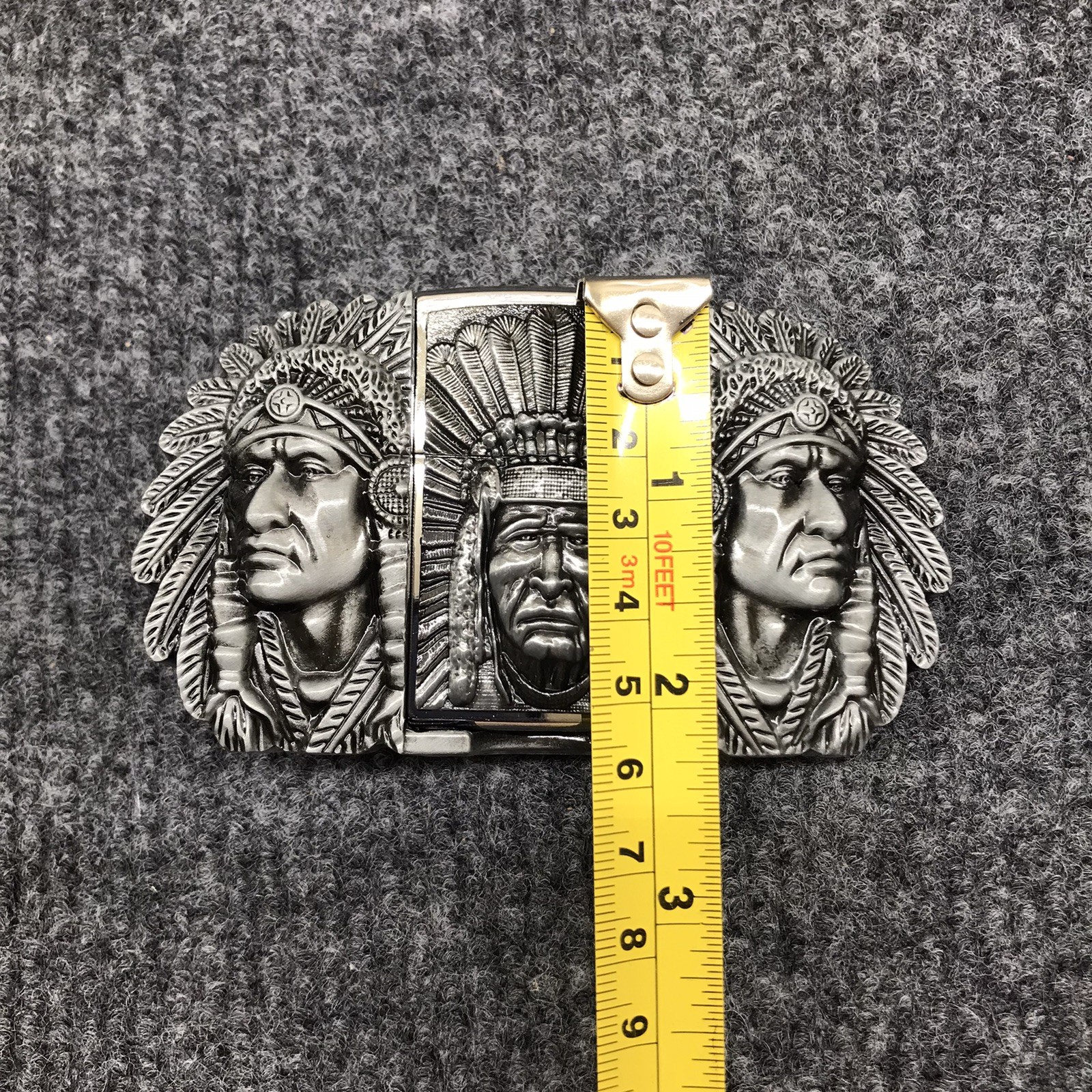 Antique Brushed Indian Chief Head Belt Buckle with Lighter, Stock in US