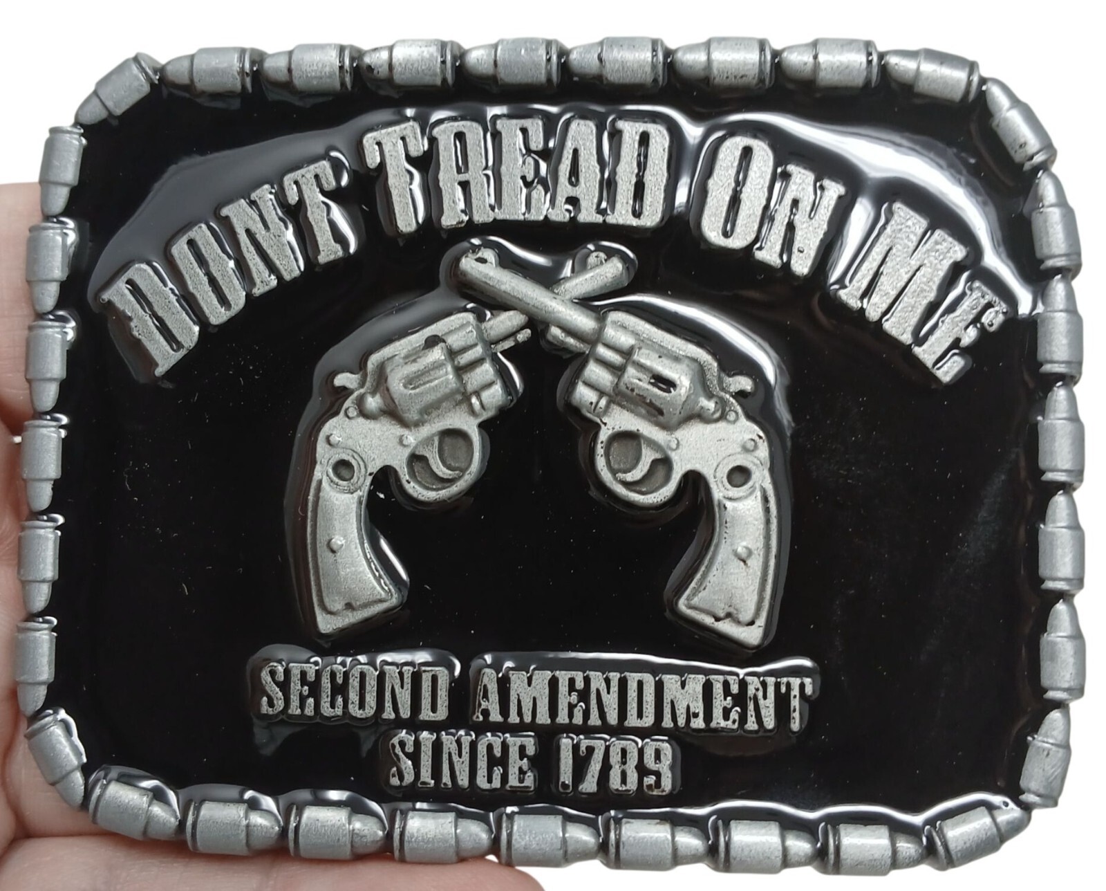 Dont Tread On Me Gun Belt Buckle 3.5 Inch Wide Pewter Tone Black Enamel #M-14