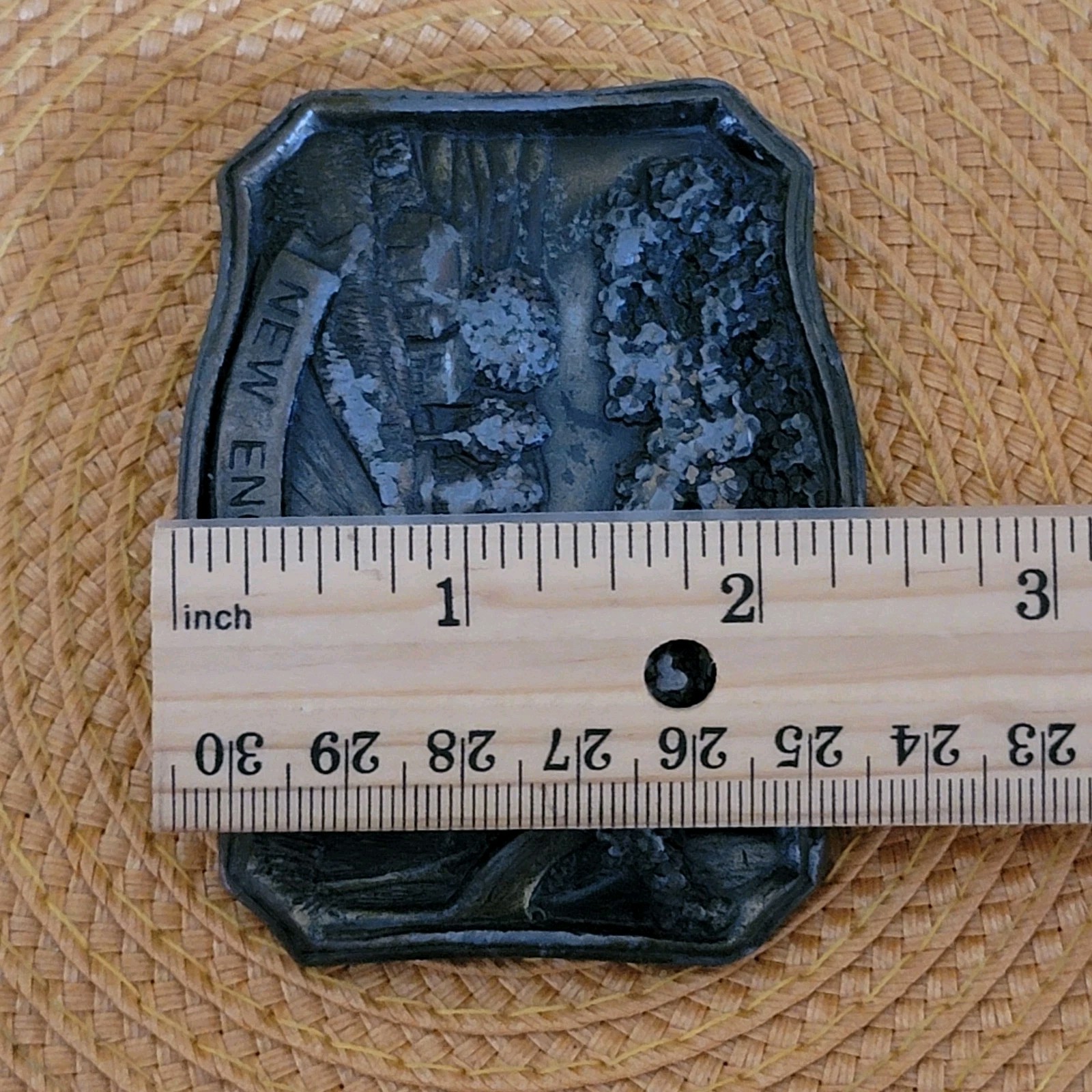 VTG New England Antiqued Brass Belt Buckle Embossed Country Road Indiana Metal