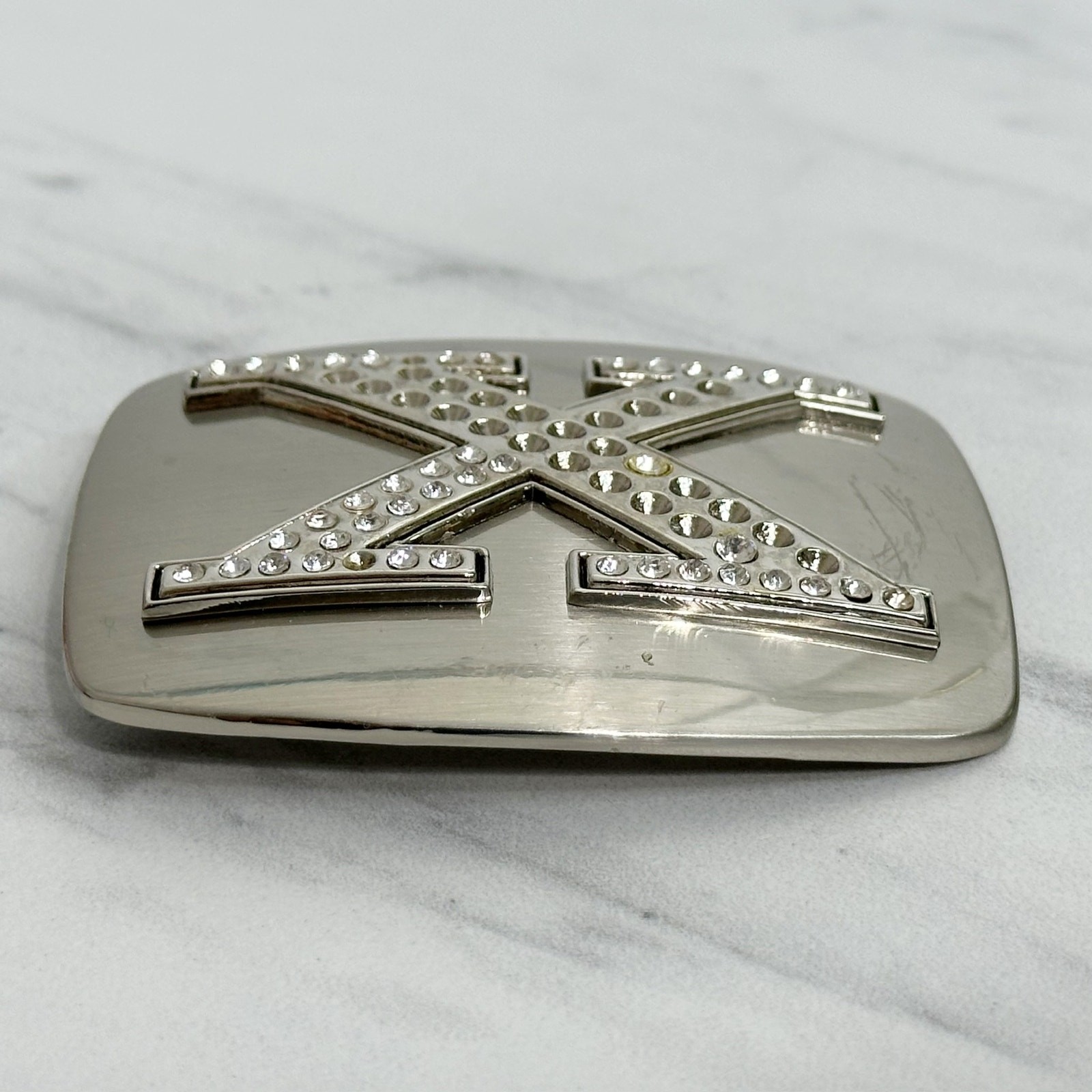 Rhinestone Studded X Letter Initial Monogram Silver Tone Belt Buckle
