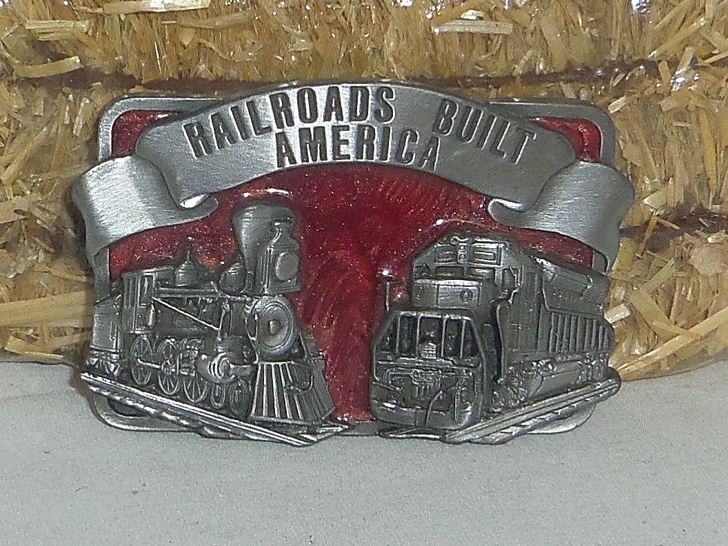 Railroads Built America 3×2.25in Locomotives enameled pewter buckle Made in USA