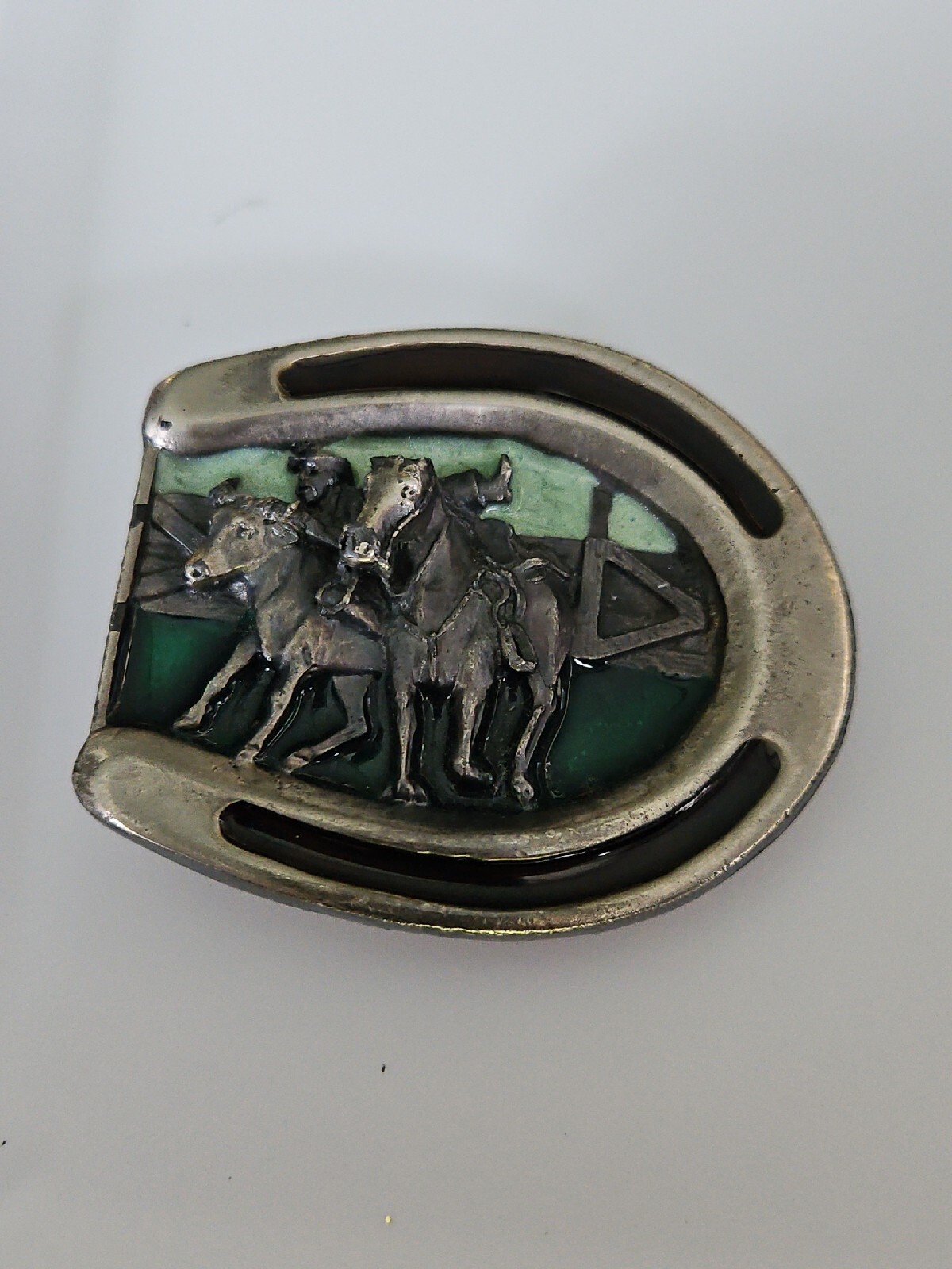 1984 Bergamot Brass Works Horseshoe Vintage Belt Buckle with Horses