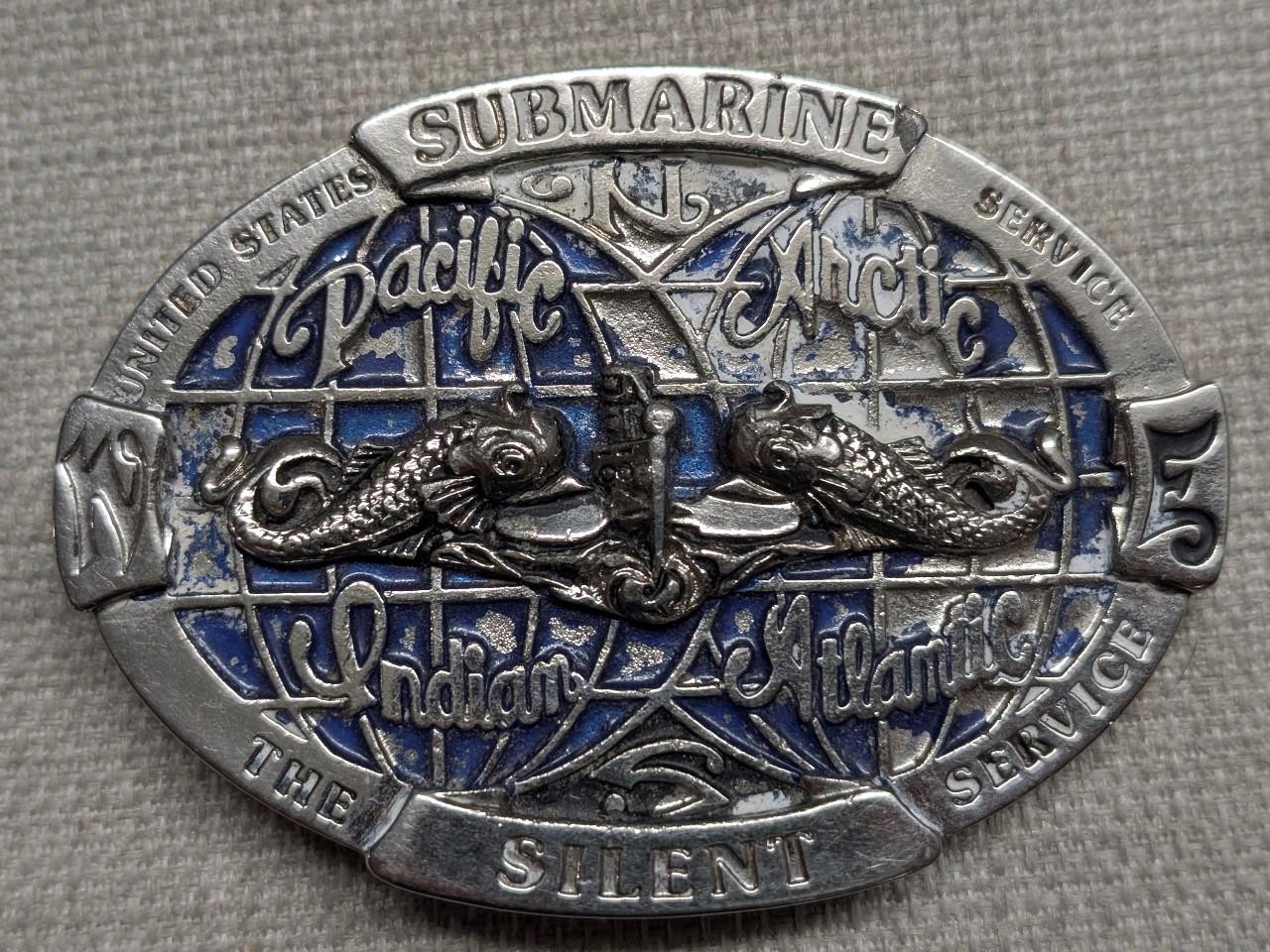vintage USN belt buckle US NAVY pewter SUBMARINE the silent service WESTERN