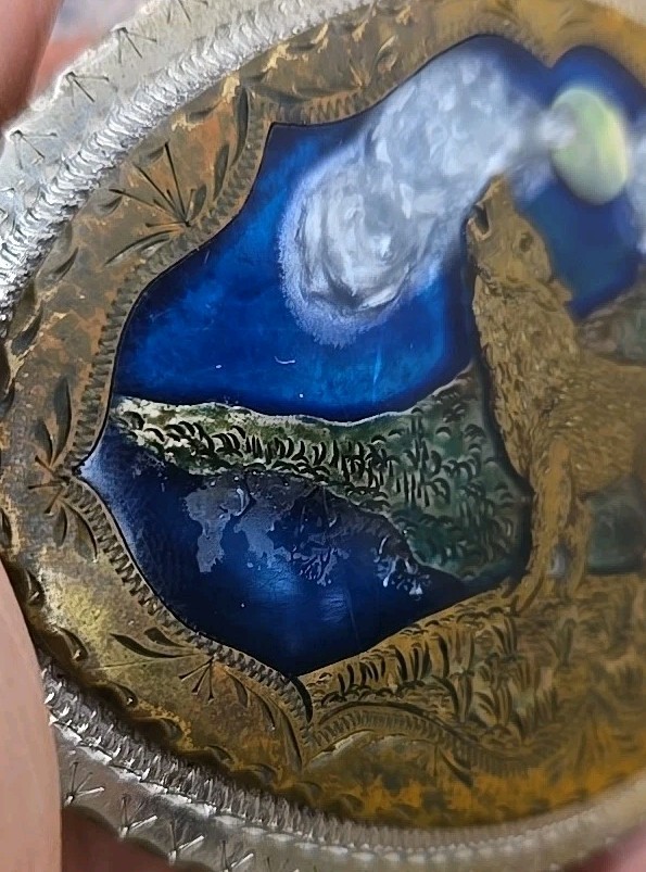 ALASKAN HOWLING WOLF MOONLIGHT BRASS & SILVER BELT BUCKLE BLUE PEARL RESIN INLAY