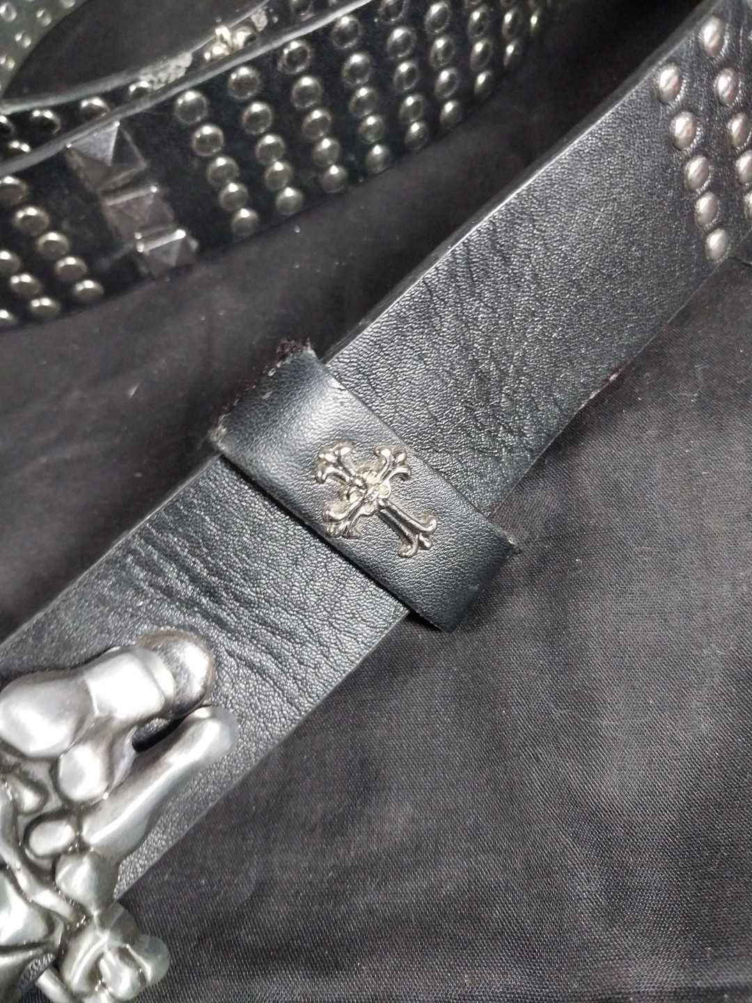 Studded Leather Belt With Skelton Hand Buckle 42&Prime;