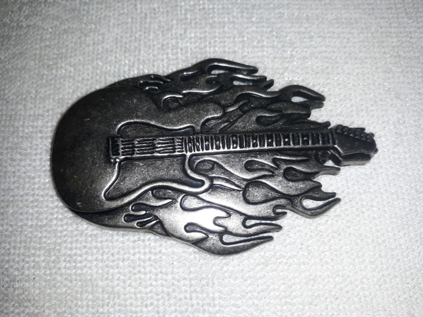 Vintage Pewter Flaming Electric Guitar Rock & Roll Belt Buckle Excellent