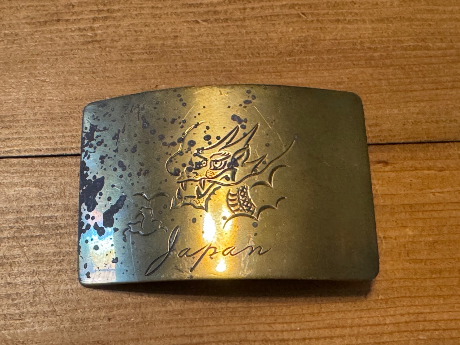 Vintage Collectible Rectangular Historical Japanese Dragon Gold-Tone Belt Buckle