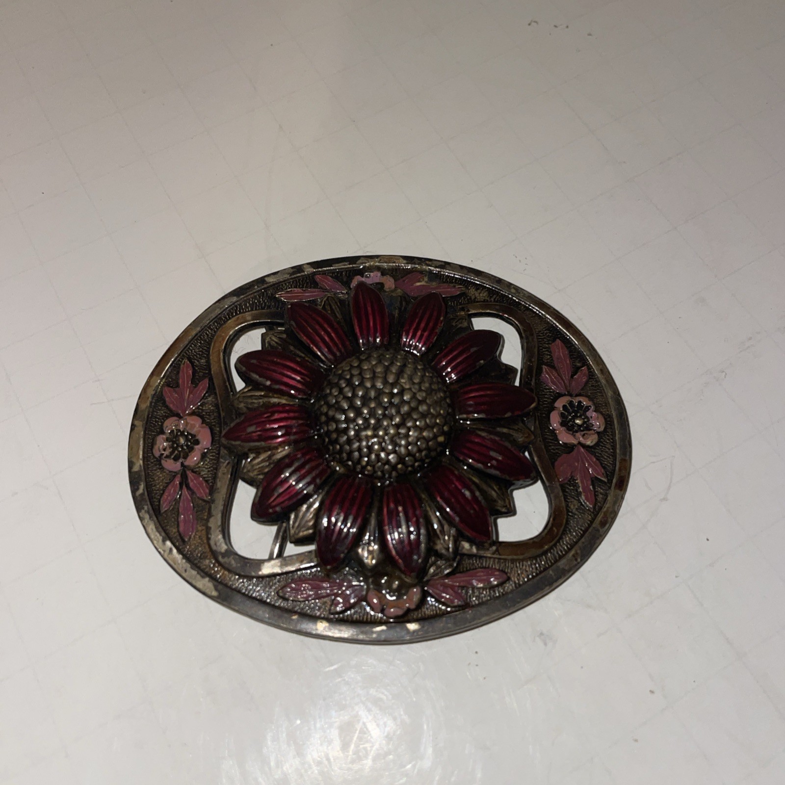 Vintage Flower Oval Belt Buckle – Stamped –