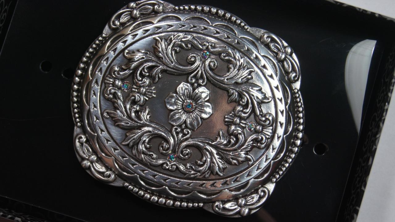 Nocona Western BLAZIN ROXX Belt Buckle Oval Floral Rhinestones Silver 37538