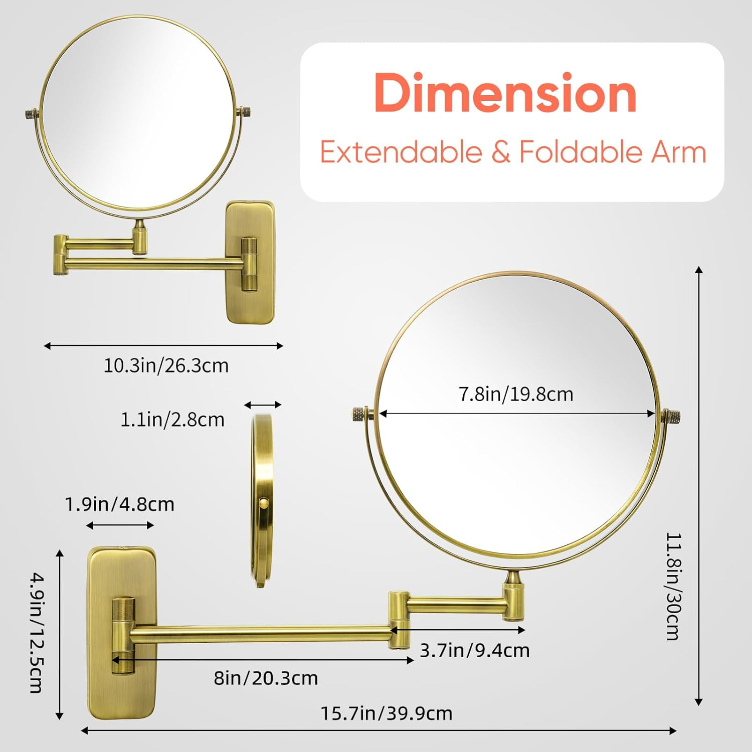8-Inch Double-Sided Wall Mount Makeup Mirror with 7X Magnification in Brass