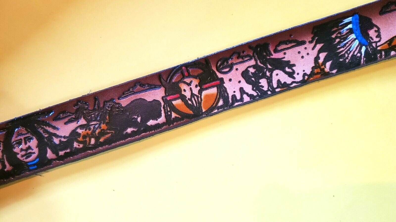 American Indian Theme Genuine Cowhide Embossed Leather Belt and Detailed Indian