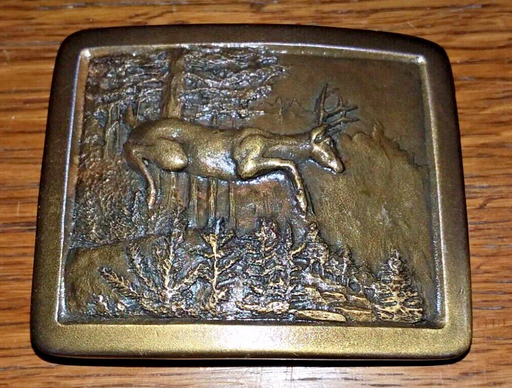 1977 Indiana Metal Craft WHITE TAIL DEER Brass belt buckle 2.25 x 2.75 ..MINTY!
