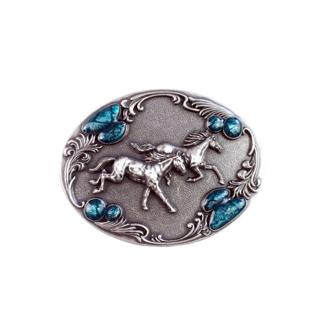 Vintage Silver Plated Western Horses Enamel Oval Belt Buckle Boucle de Ceinture
