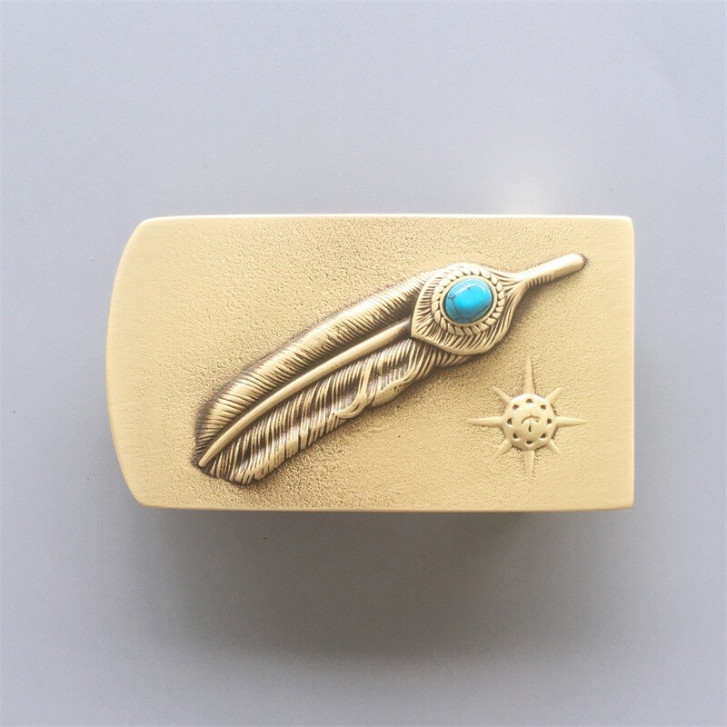 Feather Sun Rectangle Solid Brass Metal Western Belt Buckle