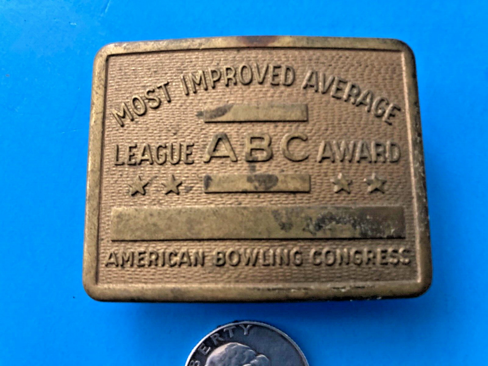 SOLID BRASS ABC Award Most Improved Average Belt Buckle American Bowling Congres