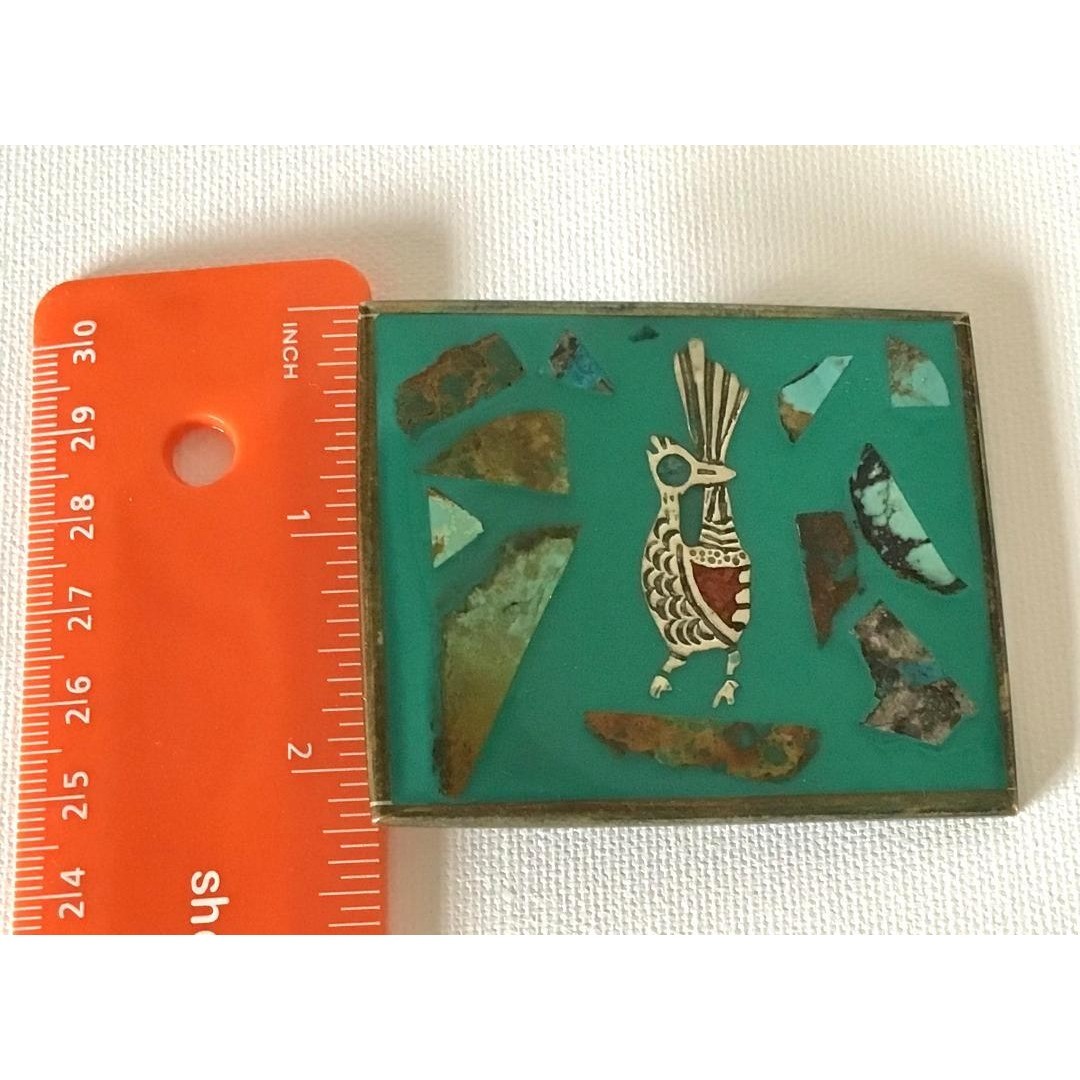 Vintage Solid Brass Roadrunner Turquoise Chip Inlay Southwest Belt Buckle Cowboy