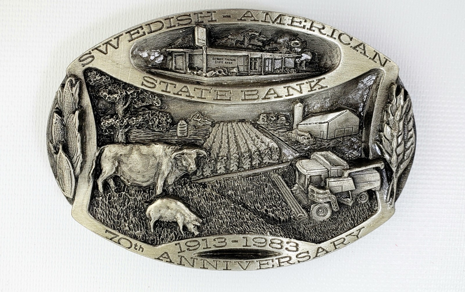 Siskiyou Farming Belt Buckle Swedish American State Bank 70th Anniversary