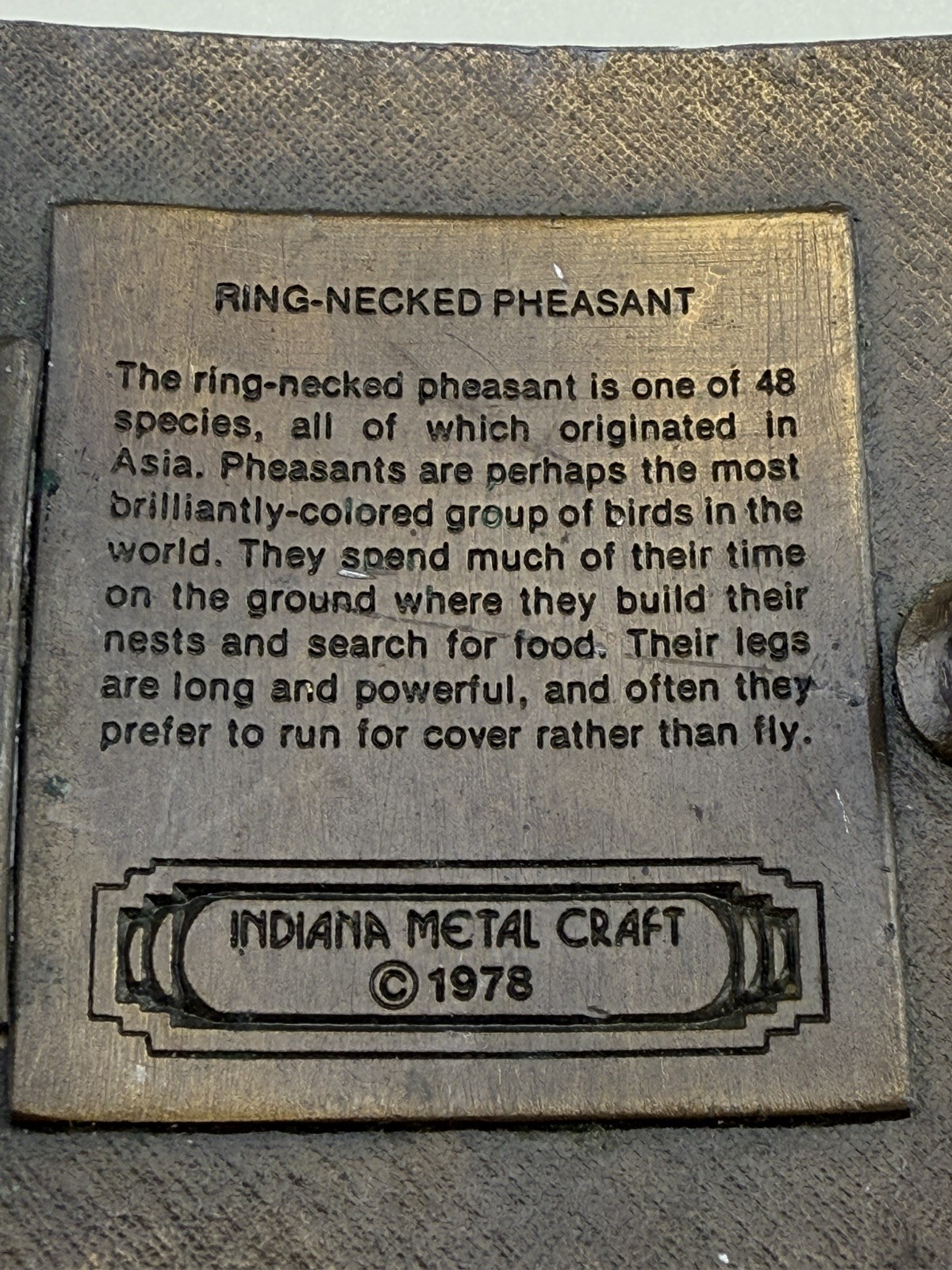 1978 Indiana Metal Craft Pheasant Belt Buckle Hunting Wildlife Hunting