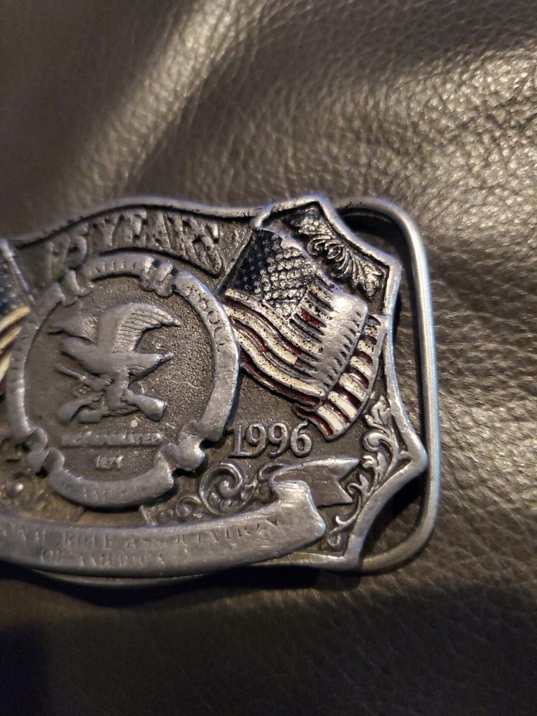 NRA Belt Buckle American Flag 125 Years 1996 Vintage National Rifle Association
