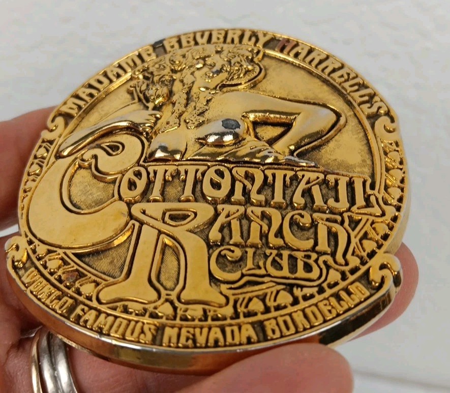 VTG Glossy Gold Madame Beverly Harrell&rsquo;s Cottontail Ranch Belt Buckle 1975 *Read