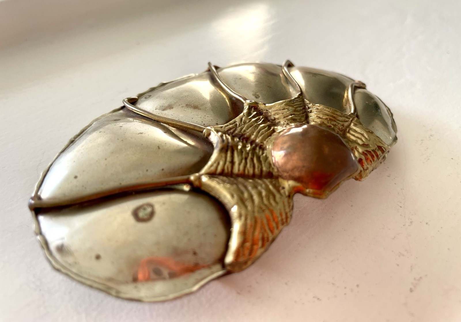 Vintage Brass Pearl Shell Belt Buckle Mixed Metals Brutalist Sea Life Unusual