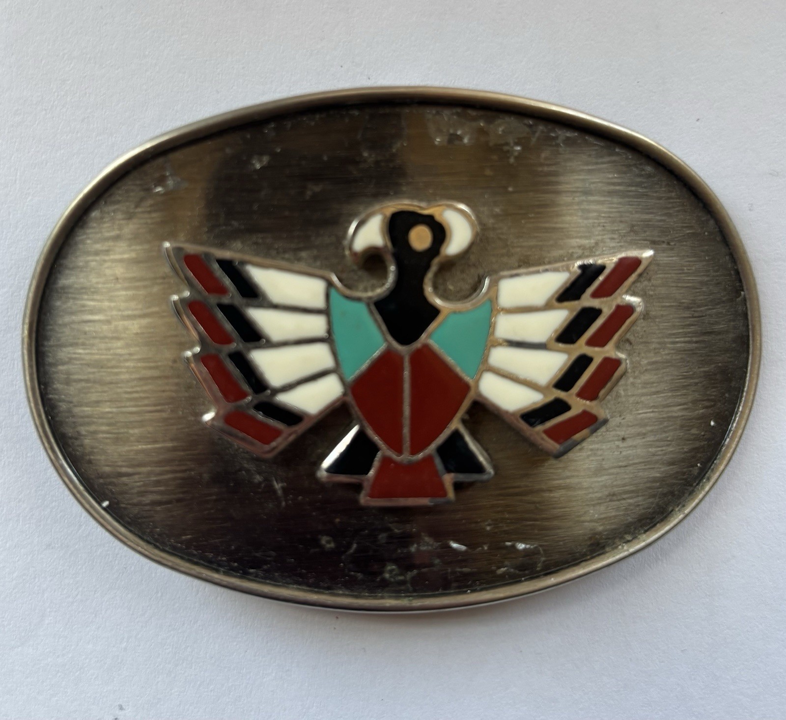 Oval Western Thunderbird Belt Buckle Metal Enamel Eagle Silver Tone