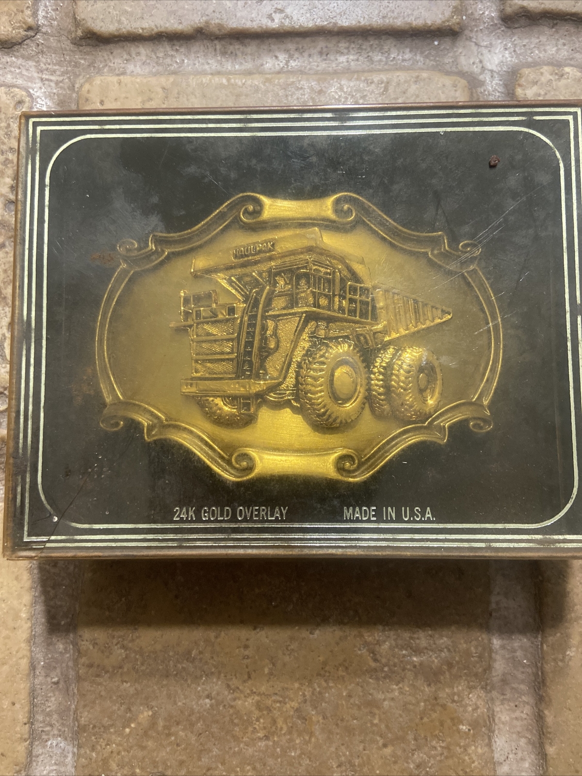 Vintage Raintree Haul Pak Belt Buckle Brass 1978 Construction Truck 24k Overlay