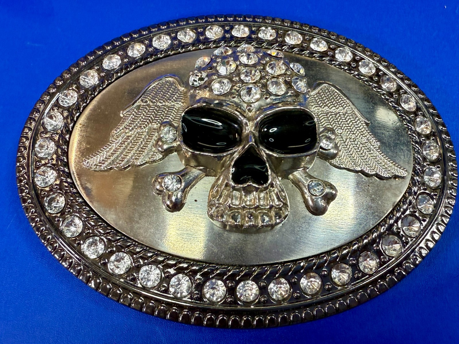 Skull Wings Crossbones with Clear Rhinestone Halloween Gothic LARGE Belt Buckle