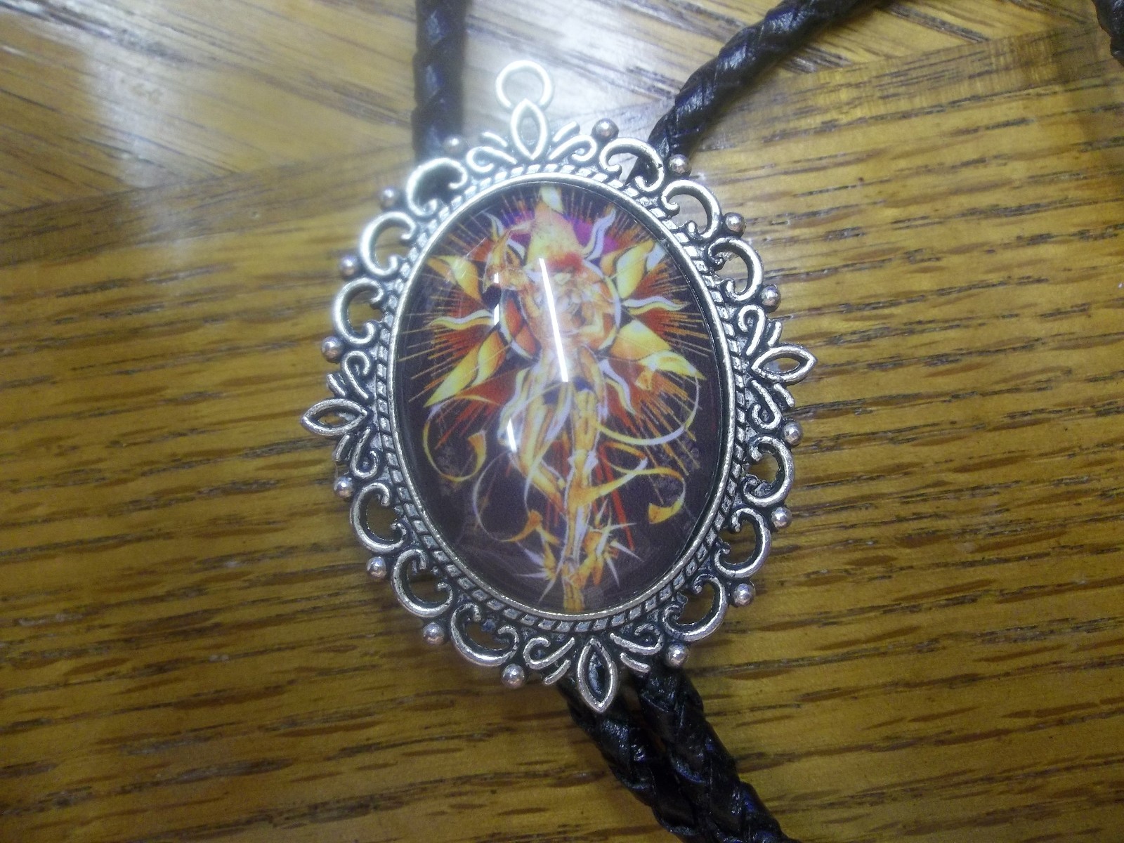 handcrafted Bolo tie leather braided cord large Si Fi Woman mounted cab