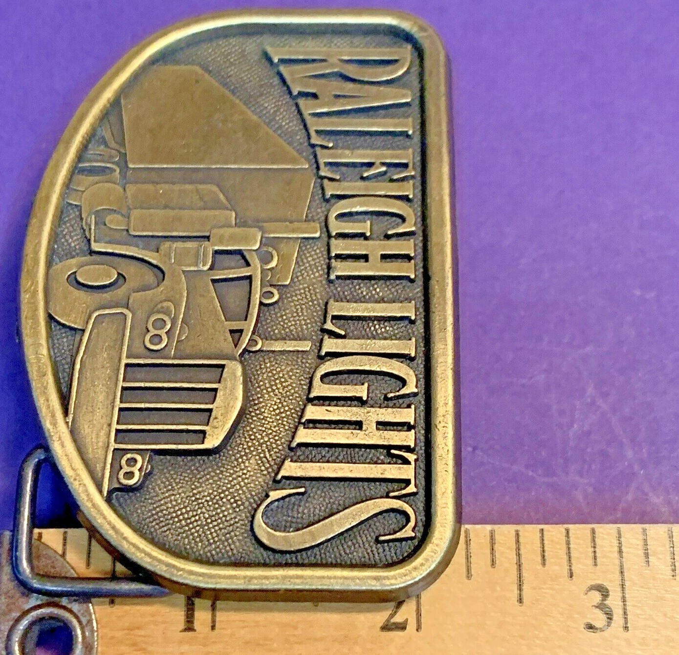 VINTAGE 1970s RALEIGH LIGHTS Metal Belt Buckle Tobacco Cigarette Ad SEMI TRUCK